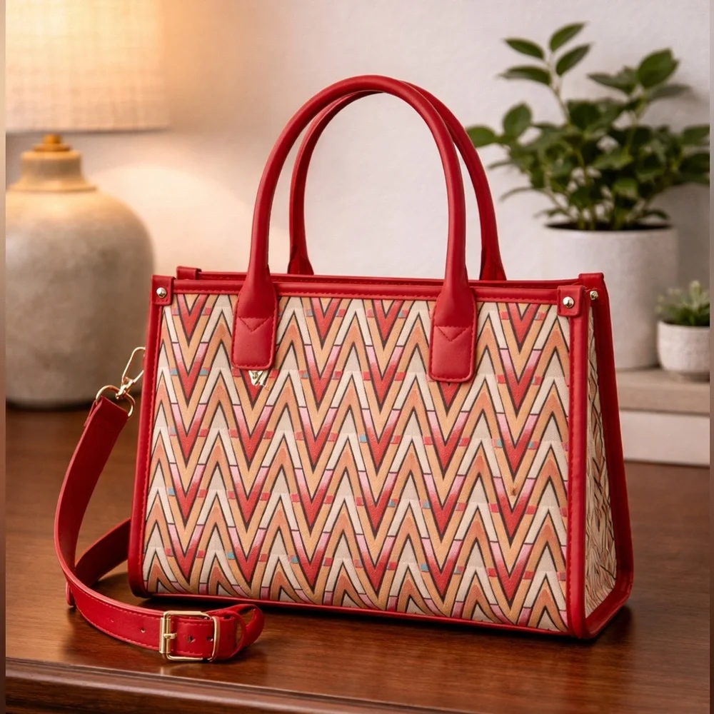 Mario Valentino Red and Tan Chevron Tote - Picture 1 of 2